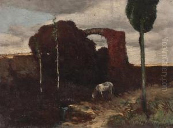 Grasendes Pferd Vor Ruine - view 1