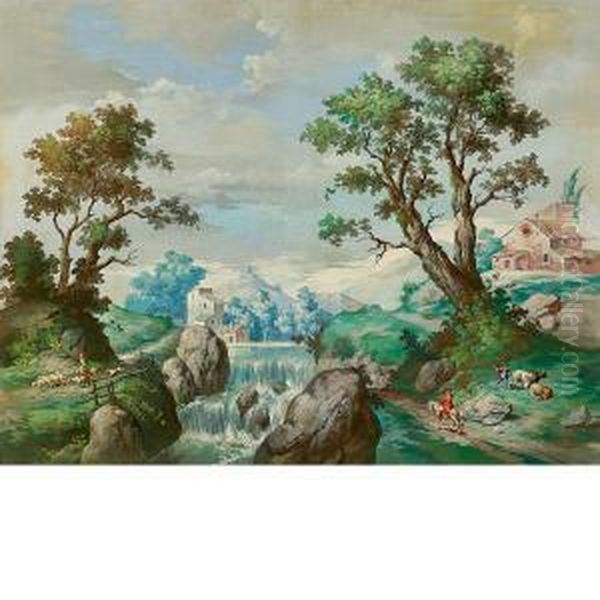 Paesaggio Prealpino Con Cascata, Cavaliere E Pastorella - view 1