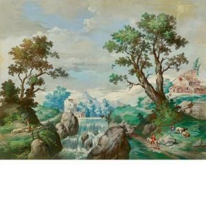 Paesaggio Prealpino Con Cascata, Cavaliere E Pastorella by Andrea Urbani