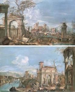 An Architectural Capriccio With Peasants Among Ruins; And Anarchitectural Capriccio With Peasants By A River by Andrea Urbani