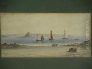 St Michaels Mount (?) With Fishing Smacks In The Bay by John Clarkson Uren