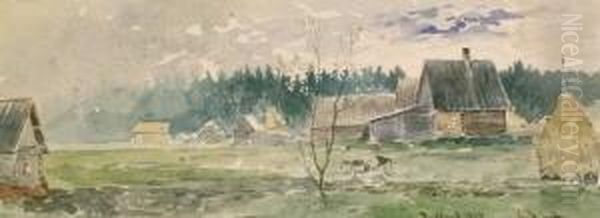 Russisches Dorf. Aquarell Auf Aquarellbutten. 11,5 X 29,8 Cm. 1888. Signiert, Datiert Und Bezeichnet "russland". - view 1