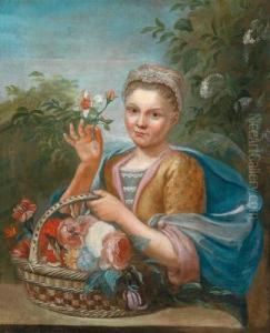 Giovane Donna In Abiti Da Contadina Con Un Cesto Di Fiori
