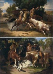 A Pair Of Paintings: Lanceando Un Toro And La Muerte Del Toro by Juan Urruchi