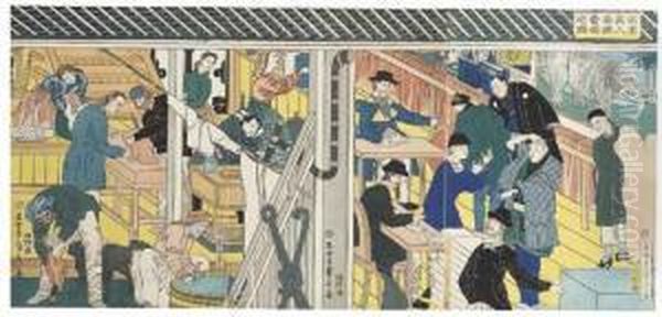 Yokohama Ijin Shokan Uriba No Zu [view Of The Trading Floor In A Foreign Building In Yokohama], A Triptych Depicting In Detail The Interior Of A Trader's House With Two Western Clerks, A Chinese Man Holding Up A Length Of Cloth, Etc. - view 1