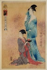Geisha Being Offered A Tea Bowl By Another Figure by Kitagawa Utamaro