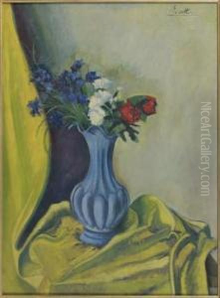 Vase De Fleurs Au Rideau Jaune - view 1