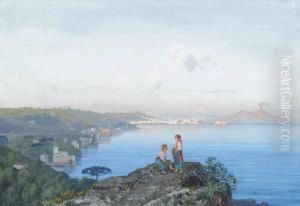 Girls On An Outcrop Above The Bay Of Naples At Dusk by Cesare Uva