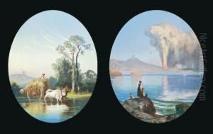 Girls Watching Vesuvius Erupt At The Bay Of Naples; And A Boy In A Hay Cart Drawn By Longhorn Cattle, Vesuvius Beyond