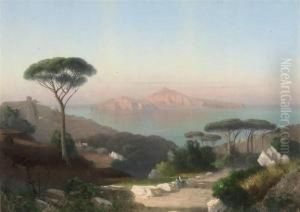 A Rest On The Road To Sorrento, Capri Beyond by Cesare Uva