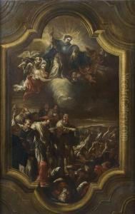 Saint Charles Borromee ( ?), Dans Un Cadre En Trompe L'oeil Deforme Chantournee Dans La Partie Superieure Et La Partieinferieure