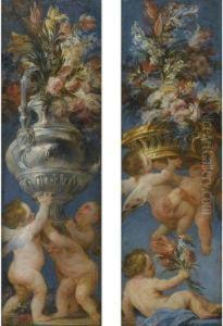 A Pair Of Flower Still Lives With Cavorting Putti by Domenico Antonio Vaccaro