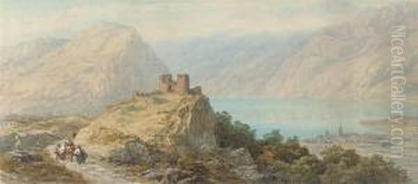 Figure Passing The Ruined Castle By The Lake Of Wallenstadt - view 1
