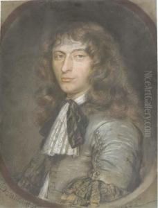 Portrait Of A Young Gentleman, Half-length, In A Grey Costume With Lace Jabot And Black Ribbon, In A Feigned Oval by Bernard Vaillant