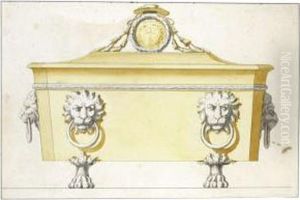 Design For A Sarcophagus Shaped Casket With Lions' Mask Handles,the Cover Surmounted By The Coat Of Arms Of A Cardinal by Luigi Valadier
