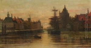 Dutch City View With Canal At Sunset by Leon Valckenaere
