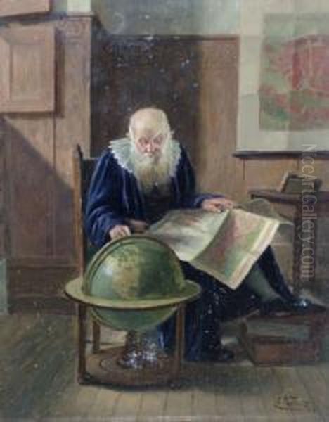 Astronomer With A Globe And A Map Of Venice In An Interior - view 1