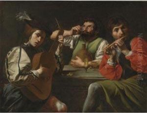 Musicians And Drinkers In An Interior by Valentin De Boulogne