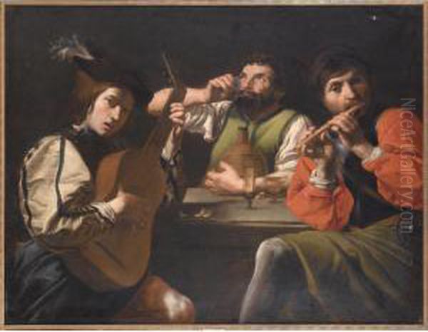 Deux Musiciens Et Un Buveur Dans Un Interieur - view 1