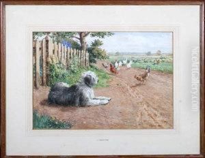 An Old English Sheep Dog And Poultry By A Garden Fence