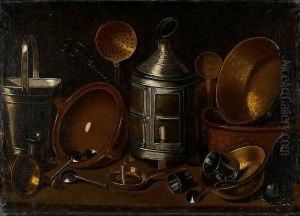 A Lantern With Copper Pans, An Earthenware Dish And Other Kitchen Utensils On A Table-top by Gian Domenico Valentino