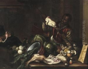 A Servant Spitting A Chicken In A Kitchen Interior With A Table Laid With Various Meats And Vegetables, A Boy Near A Fireplace Beyond