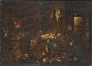A Kitchen Interior With A Young Woman At A Stove And Surrounded By Pots And Vegetables
