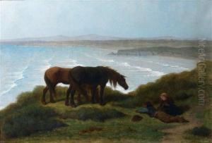 Chevaux Bretons Sur Les Falaises De Ris Par Temps De Brise, Peninsule De Douarnenez by Theodore Valerio