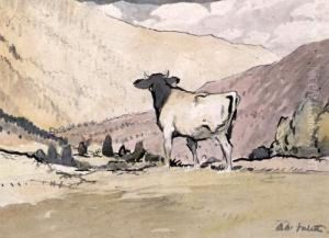 Cow In A Mountainous Landscape by Adolphe Pierre Valette