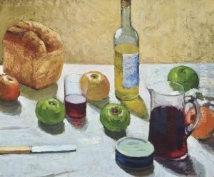 Still Life With Bread And Wine by Adolphe Pierre Valette