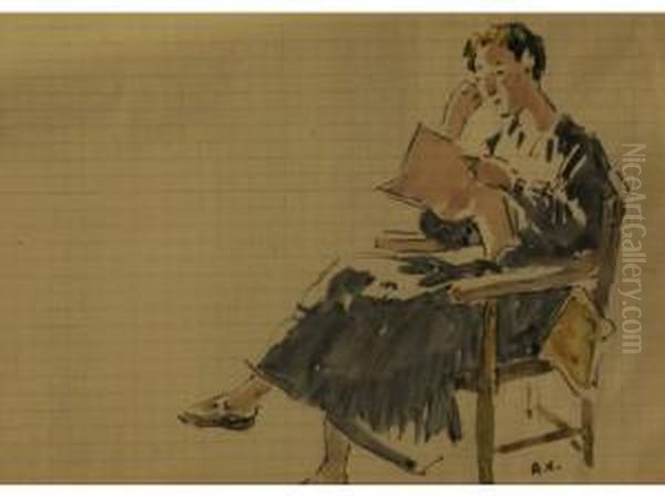 Woman Seated In A Chair Reading A Newspaper - view 1