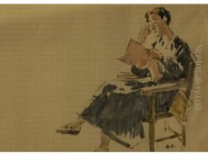 Woman Seated In A Chair Reading A Newspaper by Adolphe Pierre Valette