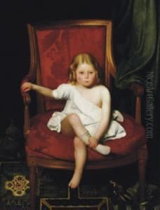 Portrait Of A Young Girl Seated In A Large Red Bergere by Charles Valfort