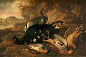 Stilleben Med Orrtupp, Morkulla, Beckasin Och Rapphona by Dirk Valkenburg