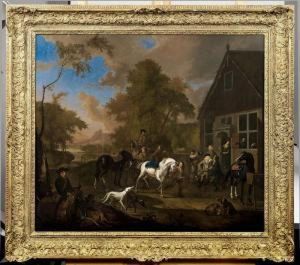 Rastendejagdgesellschaft Mit Reitern Vor Einem Landlichenwirtshaus by Dirk Valkenburg