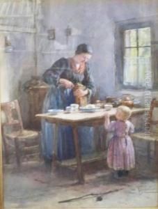 Mother And Daughter In The Kitchen by Hendrik Valkenburg