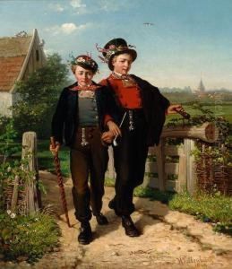 Two 'brulfteneugers' Leaving A Farmhouse by Hendrik Valkenburg