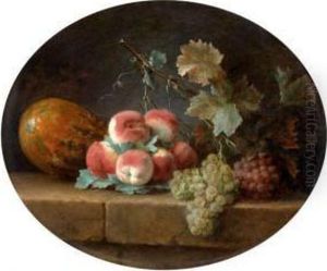 Peches, Melon Et Raisins Sur Un Entablement De Pierre