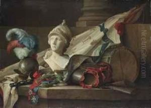 A Bust Of Minerva, Armour, Muskets, A Drum, A Standard, The Batonof Command Of A Marechal De France, A Laurel Wreath And The Ordersof Saint-louis And Of The Saint-esprit, All On A Stone Ledge