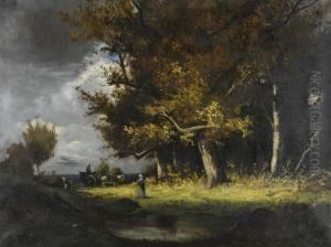 Paysans Pres De La Mare by Etienne Maxime Vallee