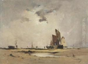 Vue D'une Plage Animee De Pecheurs by Etienne Maxime Vallee