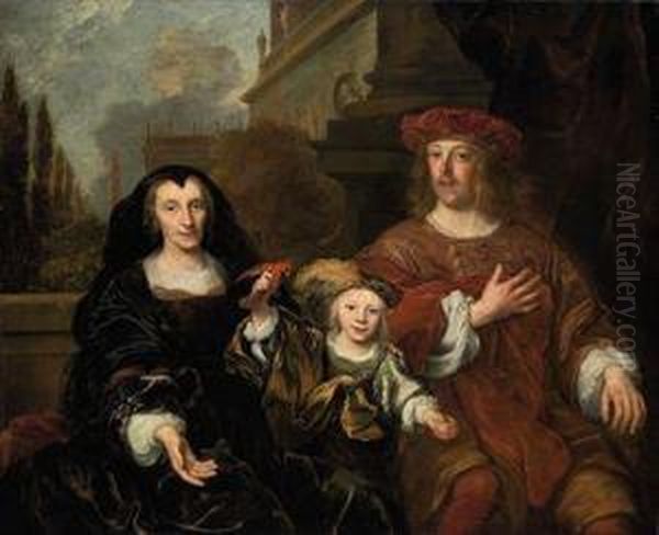 A Family Portrait Of A An Elderly Woman With Her Son And Grandson, Three-quarter Length, Seated, On A Palatial Balcony - view 1