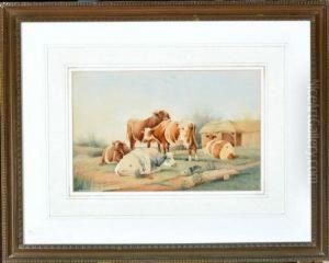 Cattle In A Meadow Near A Barn by Frederick E. Valter