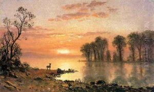 Sunset Deer And River by Albert Bierstadt