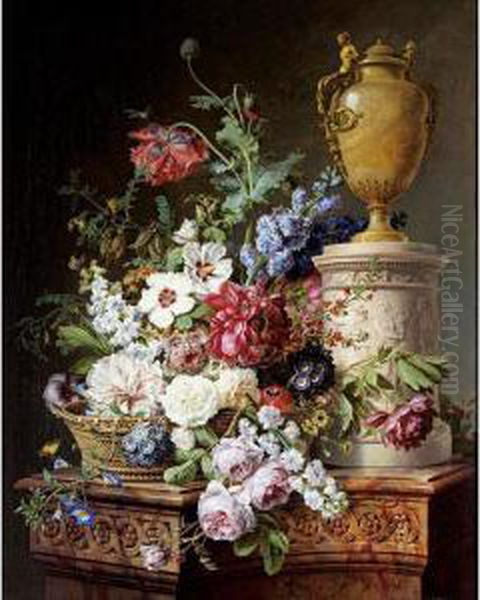 Still Life Of Flowers In A Basket With Two Butterflies, A Dragonfly, A Fly And A Beetle By An Alabaster Urn On A Marble Pedestal, Carved With Bacchantes Sacrificing Before A Herm, All On A Sculpted Marble Plinth - view 1