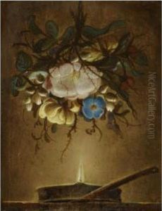 Still Life With A Bouquet Of Flowers Hanging Above A Candle by Evert Van Aelst