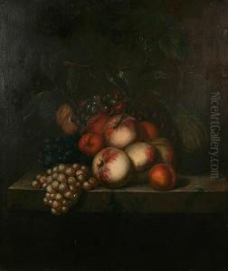 Still Life Of Apples, Oranges, Grapes And Melon On A Ledge by Evert Van Aelst