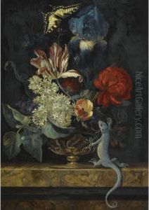 A Still Life With Tulips And Other Flowers In A Vase On A Marble Ledge, With A Lizard And A Butterfly