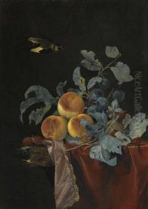 A Still Life With Peaches, Raspberries And Damsons On A Partially Covered Marble Ledge, A Bird Flying Above by Willem Van Aelst