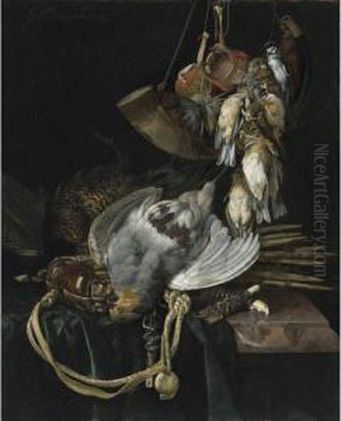 A Partridge, A Pheasant, A Hunting Bag And Traps On A Partiallydraped Ledge, Songbirds, A Hunting Horn And Hawking Hoods Hangingabove - view 1